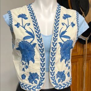 Commense Blue Floral Embroidered Vest